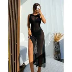 Saida De Praia Vestido Tule Longo Regata Preto Luxo