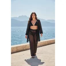 Saida De Praia Plus Size Conjunto Blusão Manga Longa e Calça Com Cordão Em Tule