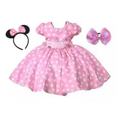 Vestido Minnie Rosa Infantil Festa Faixinha E Tiara