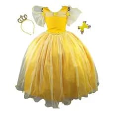 Vestido Fantasia Infantil Bela e a Fera Princesas Coroa e Luvas