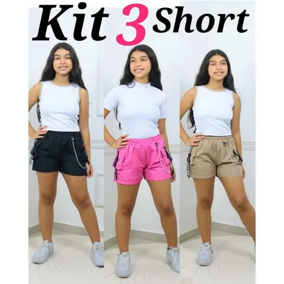 KIT 3 short feminino tactel com 2 bolsos detalhe de corrente tamanhos 10 ao 16 preto bege rosa verde vinho passeio