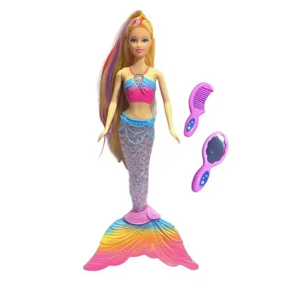 Boneca Sereia Com Som e Luz Acessórios Acende Calda Presente Brinquedo Infantil Meninas