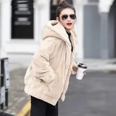 Jaqueta Feminina De Flanela Com Capuz – Comprimento Médio Inverno Estilo Coreano Solto Pelúcia Quente Manga Comprida