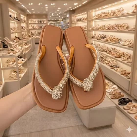 Sandalia Rasteira Feminina Strass Nó Brilhante Leve Chinelo Feminino Bico Quadrado Confortavel