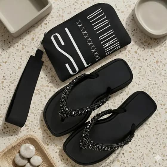 Kit Chinelo Feminino com Strass Brilho + Bolsa De Mao Carteira Luxo Sandália Slim Confortável Elegante