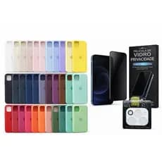 Kit 3em1 Case Silicone iPhone 11 12 13 14 15 16 17 Pro Max + Película Vidro Privacidade + Lente Câmera | Premium