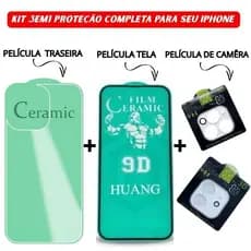 Kit Película Traseira + Lente Transparente + Película Cerâmica Tela Proteção iPhone 11 12 13 14 15 16 Pro Max