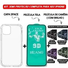 Capa Space + Película Cerâmica Proteção Tela + Película Câmera Diamante Kit iPhone 11 12 13 14 15 16 Pro Max