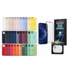 Kit 3em1 Case Silicone Colorida iPhone X XR XS 11 12 13 14 15 16 17 Pro Max + Película Vidro 3D + Lente Câmera | Premium