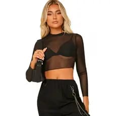Blusinha Cropped Tule Manga Longa Comprida Transparente Top