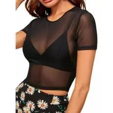 Cropped Tule Transparente Manga Curta Tendência