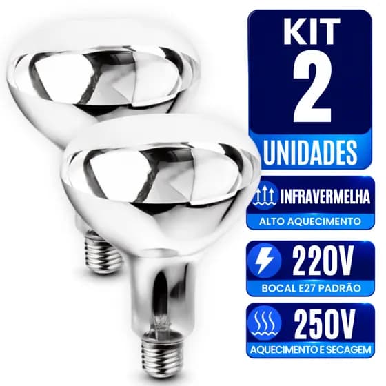 Kit 2 Lâmpada Aquecimento Salgados Hambúrgues 250w 220ve27 Infravermelha Aquece Pintinhos Animais