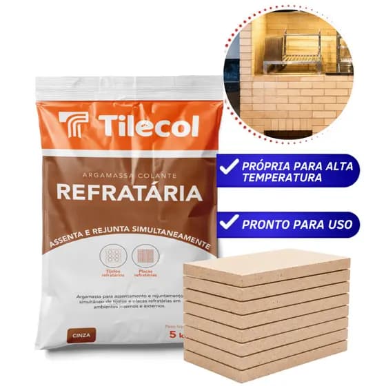 Kit 10 Plaqueta Refratária Churrasqueira Forno + 1 Massa 5kg Tilecol Churrasqueira Fogão a Lenha