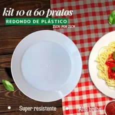 Kit de Pratos 10 a 60 unidades de Plástico Redondo para Festa Churrasco Aniversario Resistente