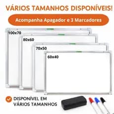 Lousa Branca Quadro Moldura MDF Aluminizado Premium Escolar Trabalho + 3 Marcadores e 1 Apagador