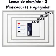 Lousa Quadro Branco Moldura em alumínio + 1 Apagador e 3 Marcadores