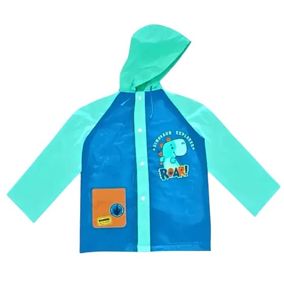 Capa de Chuva Infantil com Capuz Estampada Dinossauro Impermeável Azul e Verde Criança