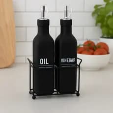 Kit Galheteiro Vidro 300ml Dosador + Suporte Preto Hauskraft Manhattan Black Elegante Azeite Vinagre