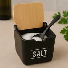 Saleiro Porcelana Porta Condimentos Quadrado Preto Tampa Bambu com Colher Salt