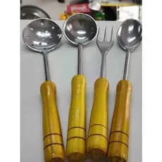 Kit 4 Utensílios de Cozinha Talheres Para Servir Alumínio Cabo de Madeira Madeira