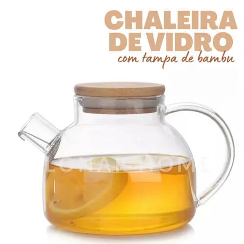 Chaleira de Vidro Tampa de Bambu Jarra Bule infusor Resistente a Calor Borossilicato 1L
