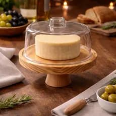Porta Queijo Queijeira de Madeira Com Pé e Tampa Acrílica Premium Porta Queijo Ricota 25 cm
