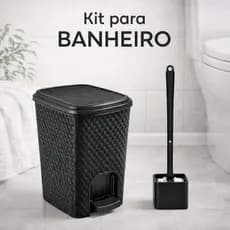 Kit Banheiro Lixeira Rattan 7L com Escova Sanitária Silicone Suporte Organizador Higiênico