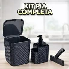 Kit Lixeira Rattan 5L Preta Cozinha Porta Detergente Rodinho Pia 3 Peças Moderno Pronta Entrega