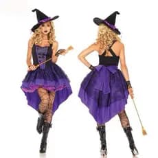 Fantasia de Bruxa de Halloween para Mulheres Adultas Vestido de Rabo de Andorinha Roxo Chapéu Festa de Carnaval Tamanho