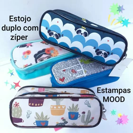 Estojo Em Couro E Nylon Duas Divisórias Com Ziper Estampas Mood