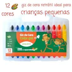 Kit giz de cera color gel 12 cores retrátil com maleta