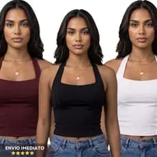 Blusa Feminina Top Halter Cropped Ajustado Decote Frente Unica Costa Nua Casual Moda Gringa Dia