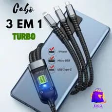 Cabo Carregador Turbo 3 em 1 Universal Três Pontas Reforçado Multiuso Para Celular Durável Triplo