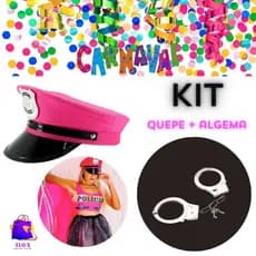 Kit Boné Pink Polícia Algemas Quepe Temático Rosa Carnaval Festa Tranca Cap Policial Chapéu Capacete
