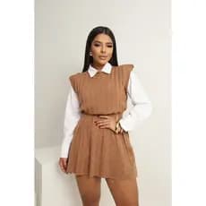 Conjunto Tricot Feminino Inverno Colete e Saia Plissada | Conjunto Trico Moda Feminina Inverno