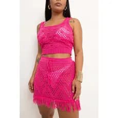 Conjunto Saída de Praia Feminina Tricot Crochê | Saia e Top Rendado Moda Praia Verão 2026