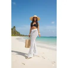 Saída de Praia Calça Tricot Crochê Feminina | Calça Pantalona Vazada Elegante com Ajuste na Cintura