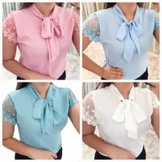 Blusa com laço gravatinha, elegante e delicada, fardamento