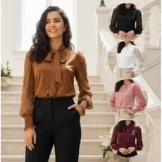 Blusa de tule poá, com laço, manga longa com elástico