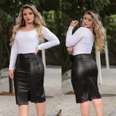 saia de couro fake, reta de courino, saia preta midi, saia lápis, evangélica