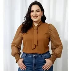 Blusa pluz size manga longa social de alfaiataria em crepe e tule gravatinha elegante moda executiva
