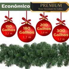 Festão Aramado Natal 2,0m/2,7m 150/180/200/300 Galhos Ramificados Verde Decoração Natalina Enfeite
