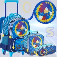 Kit Mochila Rodinha Estojo Lancheira Escolar Menino Bolsa Carrinho Speed Hero Estilo Sonic Infantil
