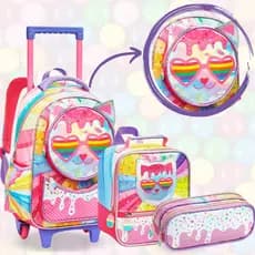 Kit Mochila Rodinha Menina Lancheira Princesa Unicórnio Estojo Escolar Feminina Infantil Carrinho