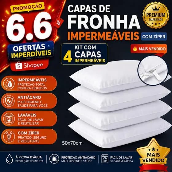 kit com 4 Capas Protetoras de Travesseiro 50x70 Impermeável com zíper
