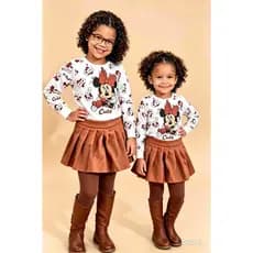 Conjunto Infantil Minnie Manga Longa com Short Saia , Conjunto Inverno Infantil Feminino Minnie Marrom
