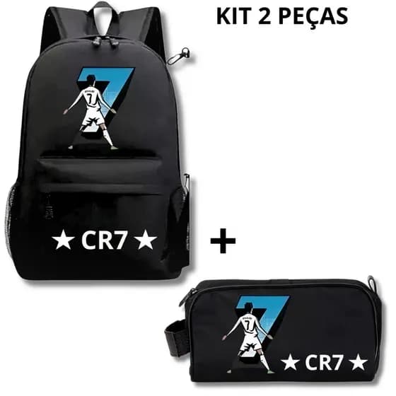 Kit 2 Mochila Cr7 Cristiano Ronaldo + Necessaire Estojo Grande Mochilas Escolar Masculina Bolsa Escolar Menino Futebol