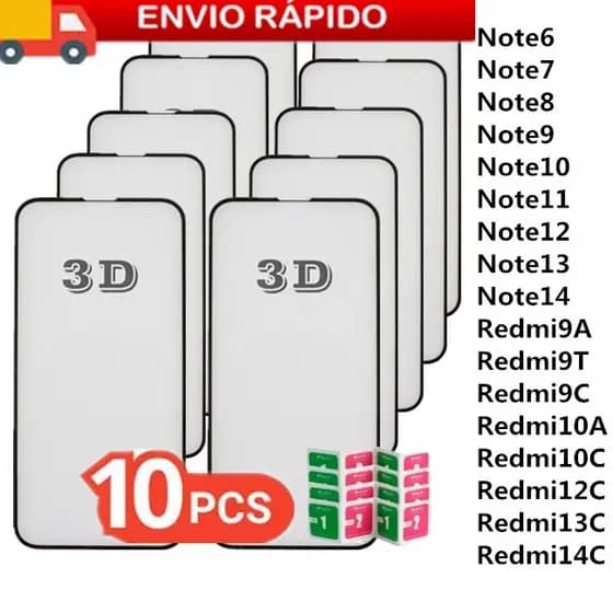 Kit 10 Peças Película Vidro Temperado 3D EspessuraMax Redmi Note 6 7 8 9 10 11 12 13 14 9A 9T 9C 10A 10C 12C 13C 14C