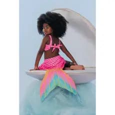 Conjunto Infantil Sereia Estela Biquini, Saia e Cauda de Sereia Fantasia Praia Piscina Verão Menina