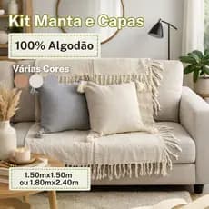 Kit Manta E Capas De Almofadas Para Sofá Decoração Conforto Sala 3 Peças 100% Algodão Várias Cores